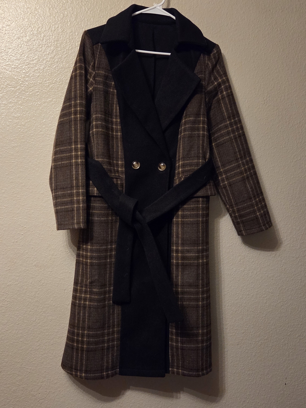 Womens Brown Plaid Long Coat with Black Trim